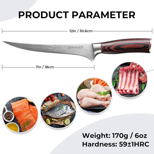 7 Inch Fillet Knife for Fish, Razor Sharp Boning Knife High Carbon Stainless Steel for Poultry Deboning and Meat Cutting, Japanese Filleting Knives with Ergonomic Pakkawood Handle, Sheath