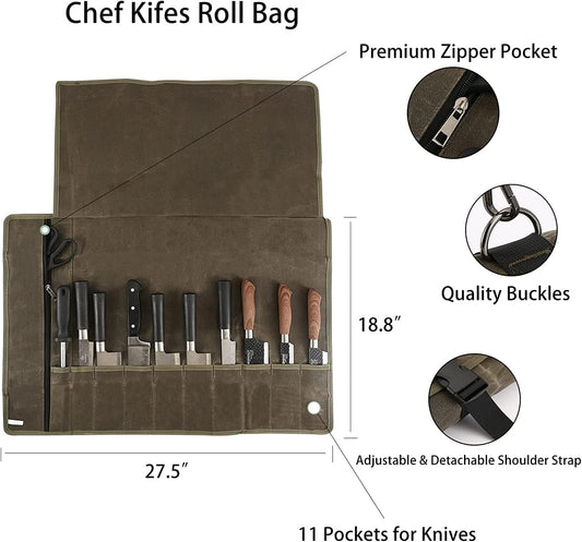 Chef’s Knife Roll Bag,Waxed Canvas Knife Cultery Carrier, Portable Chef Knife Cases,Knife Pouch Holders With 10 Slots Plus 1 Zipper Pockets Can Hold Home Kitchen Knife Tools Up To 18.8”