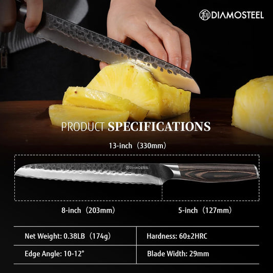 Bread Knife - 8-Inch Serrated Bread Knife - Hammered Black Oxide Blade Japanese 9CR18MOV High Carbon Stainless Steel Sharp Bread Knife - Ergonomic Pakkawood Handle with Present Box