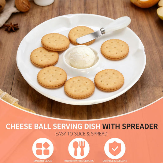 Cheese Ball Serving Dish Set, Cheese Ball Platter with Spreader Knife, White Ceramic, Spacious Design for Easy Serving Crackers and Bread Slices, Ideal for Parties and Entertaining
