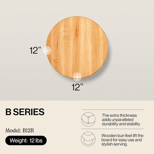 John Boos B Series Round Wooden Walnut Cutting Board 12”x12” – 1.5” Thick, 12-lb Non-Reversible Butcher Block with Wood Bun Feet & Edge-Grain