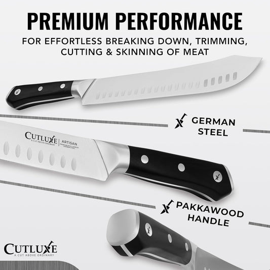 Cutluxe Butcher Carving Set – Cimeter Breaking & Boning Knives for Meat Cutting – Professional Knife, Razor Sharp German Steel, Full Tang, Ergonomic, Butcher Knives for BBQ – Artisan Series