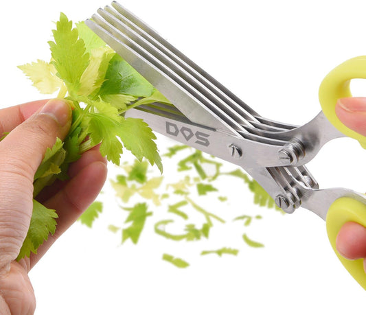 Herb Scissors - 5 Sharp Blades - Cuts, Slices and Chops Herbs 5x Faster - Ideal Time-Saving Kitchen Essential - Cleaning Rake Included - Stainless Steel - with Diamond Shield Cleaning Cloth