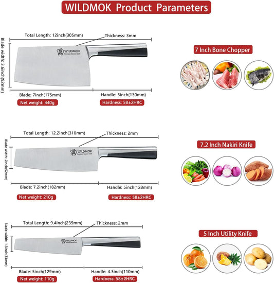 WILDMOK 3pcs Knife Set Stainless Steel Kitchen Knives Set 7inch Bone Chopper 7inch Nakiri Knife and 5inch Utility Cutter with Stainless Steel & ABS Handle, Perfect Cutlery Set Gift