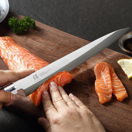 Gourmetop Japanese Sashimi Sushi Knife 10 Inch – VG10 Steel Yanagiba Knife with Urasuki & Brushed Bevel, Wenge Wood D-Shape Handle – Professional for Japanese Salmon & Sushi Cutting