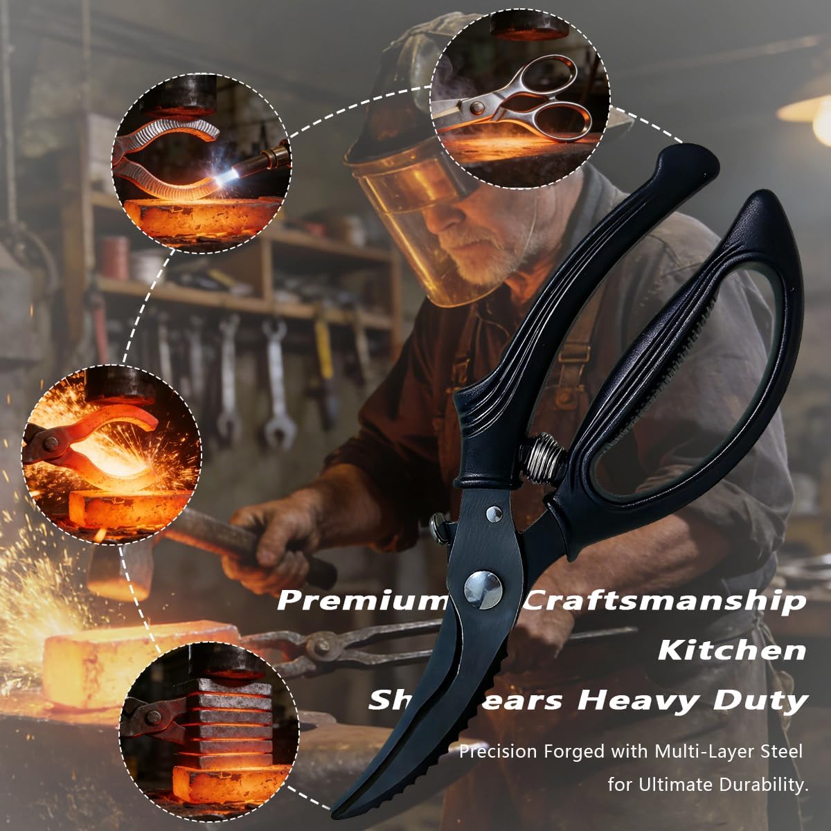 Kitchen Poultry Shears Heavy Duty, Stainless Steel Kitchen Meat Cutting Scissors for Food with Non-Slip Handle & Safety Lock, All Purpose Cooking Aid Scissors for Chicken, Bone, Turkey, Fish