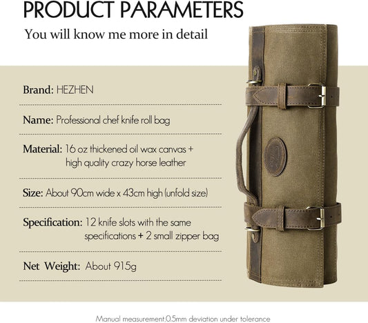 Chef Knife Roll Bag 16oz Oil Waxed Canvas with Cazy Horse Leather, 12 Slots & 2 Zipper Pockets, Portable Backpack Knife Case Storage, Detachable Adjustable Shoulder Strap Belt(Not Included Knives)
