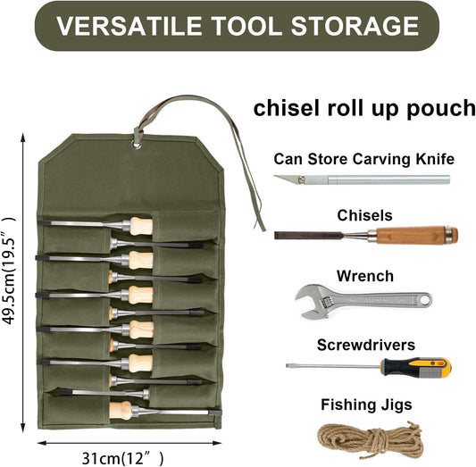 Chisel Roll,6 Pockets Roll Up Tool Pouch,Waxed Canvas Small Tool Roll Organizer and Wrench Roll Up Pouch,Store Chisel,Wrench,Pliers,Carving Knife (Brown)