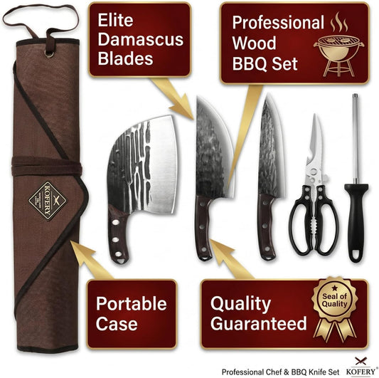 KOFERY Damascus Steel Butcher Knife Set with Full Tang Blades for Pit Master BBQ Meat Carving, Smoking Meat & Game Processing with Canvas Knife Roll for Camping, Gift for Men