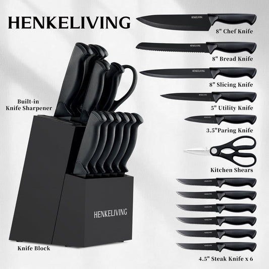 Knife Set, 14-Piece Kitchen Knives Set with Block, Built-in Sharpener, German High Carbon Stainless Steel, Ergonomic Non-Slip Handles, Black