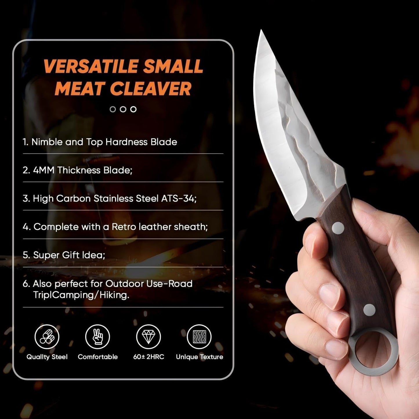 MDHAND Chef Knife - 8.5 inch Hand Forged Boning Knife with Sheath, High Carbon Steel Hunting Knives, Meat Cutting Knife for Kitchen, Japanese Butcher Knives for Camping, Outdoor BBQ, Gifts for Men