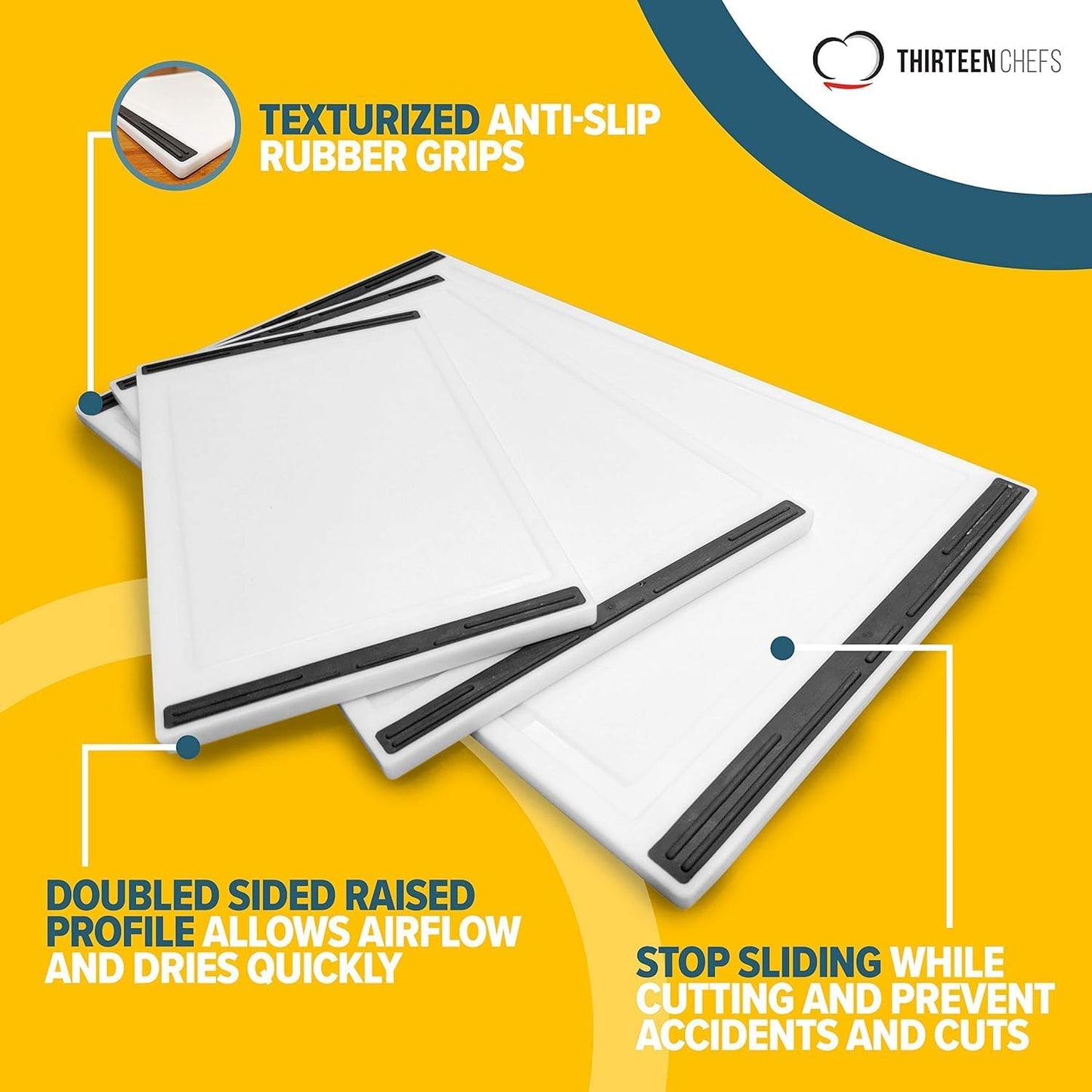 Thirteen Chefs Non Slip Cutting Board 3 Pack Set for Kitchens with Groove - BPA Free and Dishwasher Safe with 16, 12 and 10 Inch Sizes