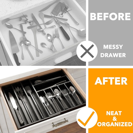 SpaceAid 2.5" High Bamboo Silverware Drawer Organizer with Labels, Kitchen Utensil Expandable Tray Holder for Flatware, Cutlery, Spoon and Knives Drawer Storage Organization (Natural)