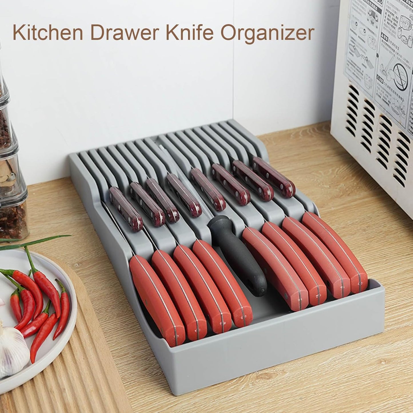 Drawer Knife Organizer, Kitchen Plastic Drawer Knife Block Holder Storage Sets for 16 Knives and 1 Sharpening Steel Extra Large Steak Chefs Knives Holder