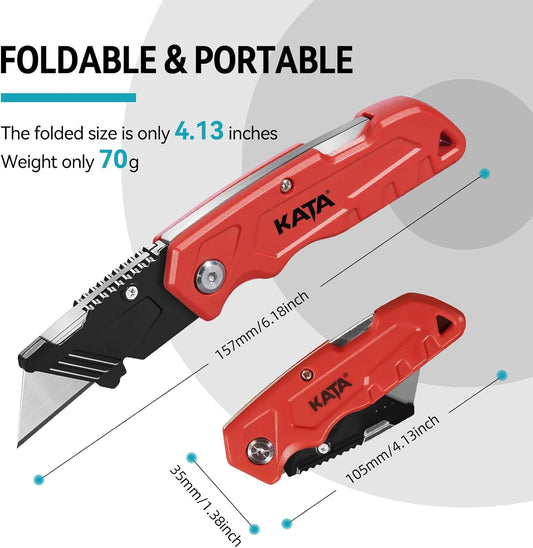 KATA Folding Utility Knife 4-Pack, Heavy Duty Box Cutter with Pocket Clip, Fixed Blade Safety Knife, Quick-Change Razor, Includes 20 Extra SK5 Blades Cutting for Cardboard, Carpet, Rope & DIY