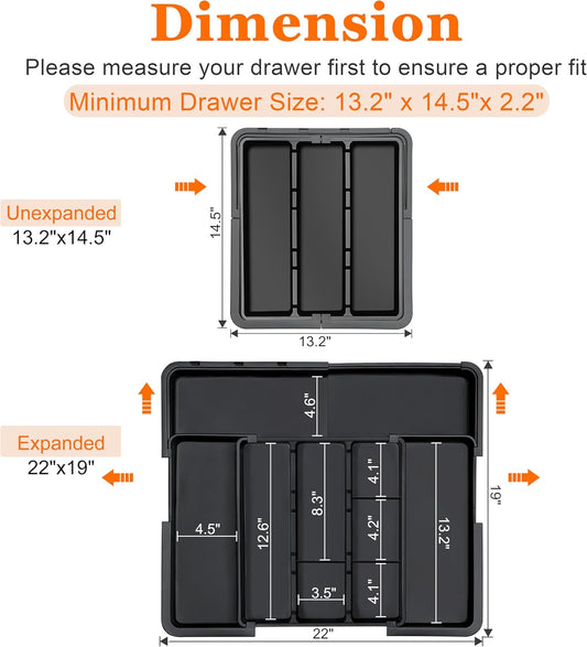 Spaclear Large Utensil Drawer Organizer Expandable Silverware Organizer for Kitchen Drawer Adjustable Cooking Utensil Holder Cutlery Flatware Tray Spatula Tools Gadgets Storage Dividers Plastic Grey
