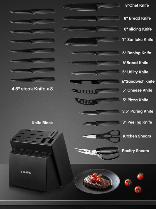 Knife Set FOHERE 23 Pieces Kitchen Knives Set with Block High Carbon Stainless Steel Self-Sharpening Knife Block Set with Built-in Sharpener and Wooden Block with Cheese and Pizza Knife, Black