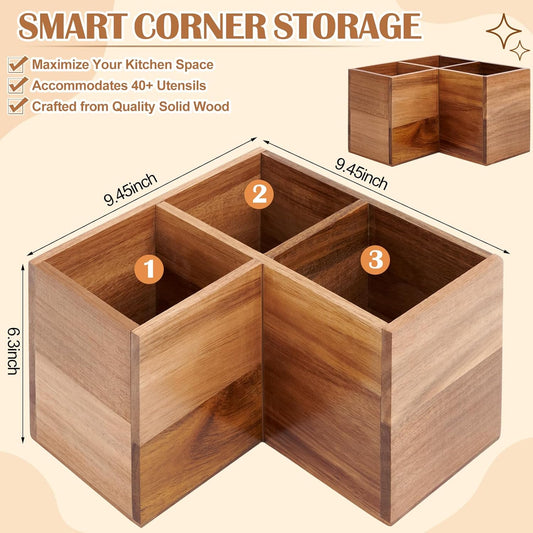Extra Large Wooden Kitchen Corner Utensil Holder with 3 Compartments, Acacia Wood Countertop Utensil Organizer for Spoons Forks Knives, Space Saving Corner Storage Rack
