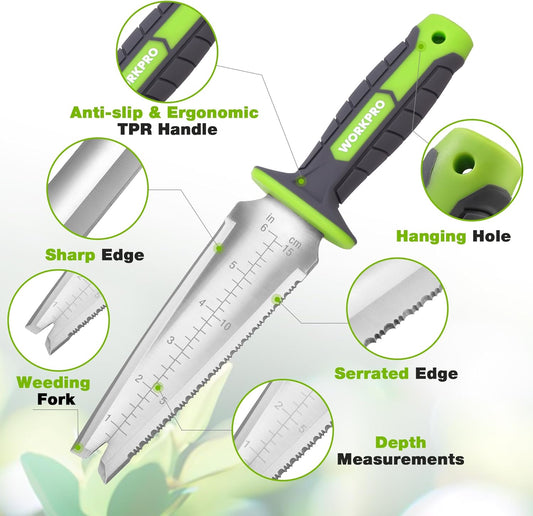 WORKPRO Hori Hori Garden Knife, 7" Stainless Steel Blade with Cutting Edge, Garden Tools with Oxford Sheath, Ergonomic TRP Handle with Hanging Hole for Weeding, Planting, Digging, Green