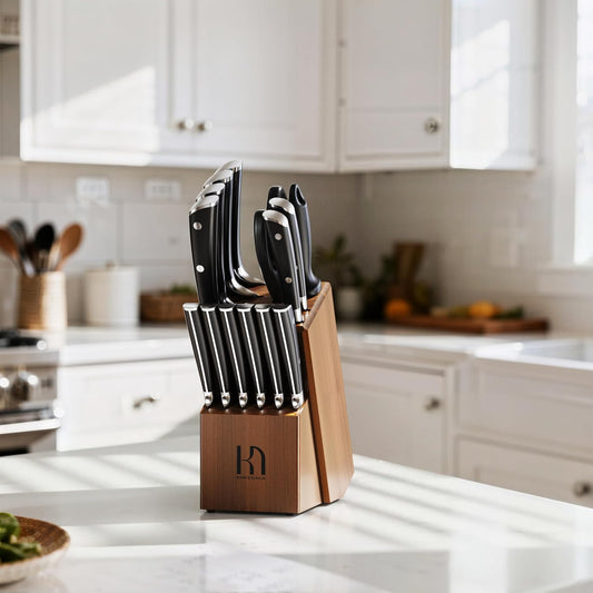 KnifeSaga Knife Set with Block, Japanese 15 PCS Ultra Sharp Ktichen Knives Set, High Carbon Stainless Steel Knife Block Set with Sharpener, Professional Knives with Ergonomic Handle for Home Chefs