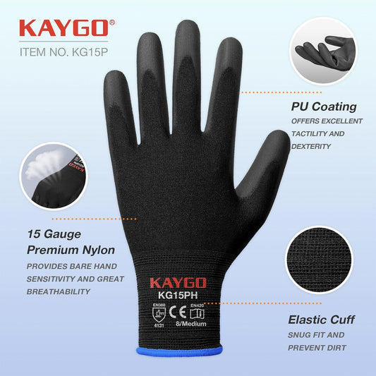 KAYGO Ultra Thin PU Coated Safety Work Gloves, 12 Pairs Nylon Knit, High Dexterity Anti-Slip Breathable Light Duty Gloves for Precision, Warehouse, DIY & Electronics (L,Gray)