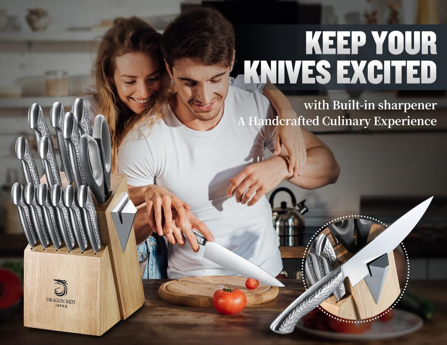 DRAGON RIOT Knife Set with Wood Block - Stainless Steel Kitchen Knives Block Set with Built in Sharpener, Dishwasher Safe, Non-Slip Ergonomic Handle - Gift for Men Women and Housewarming