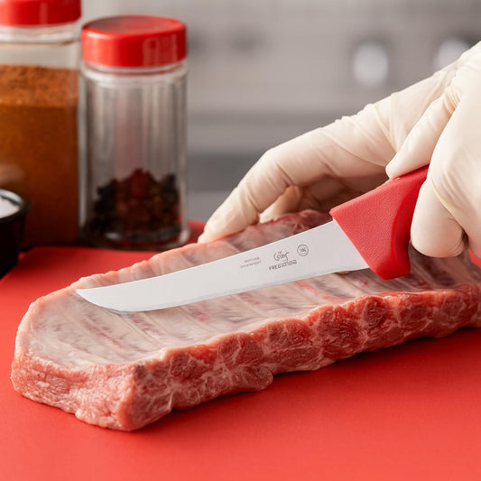 6 Inches Curved Stiff Boning Knife with Red Handle – Professional High Carbon Stainless Steel Blade, Ergonomic Non-Slip Handle, NSF Certified, Dishwasher Safe
