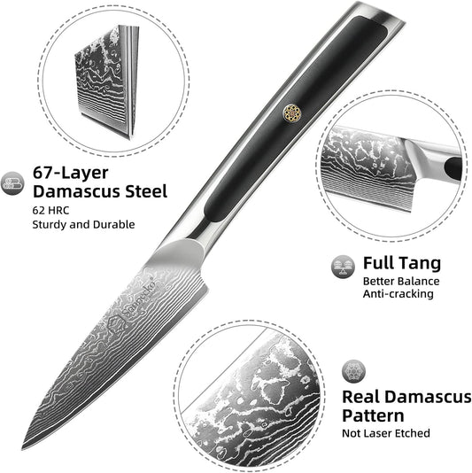Sunnecko 3.5 Inch Paring Knife, 67-Layer Damascus Steel VG-10 Blade, Small Fruit Slicer with Inlaid Handle, Multi-purpose Peeling & Petty Cutter for Vegetables