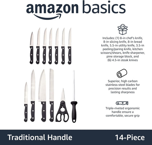 Amazon Basics 14-Piece High Carbon Stainless Steel Kitchen Knife Set with Full Tang Construction, Ergonomic Handles, Sharpener and Pinewood Block, Black