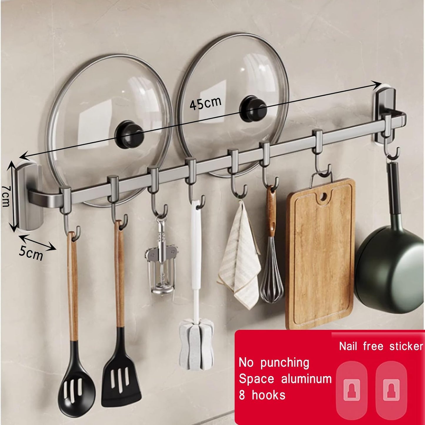 Rail Rack Organizer Self Adhesive Kitchen Utensil Rack Aluminum Wall Mounted Hanging Rail 8 Removable Hooks Pots Pans Spoons Knives,Black,45cm