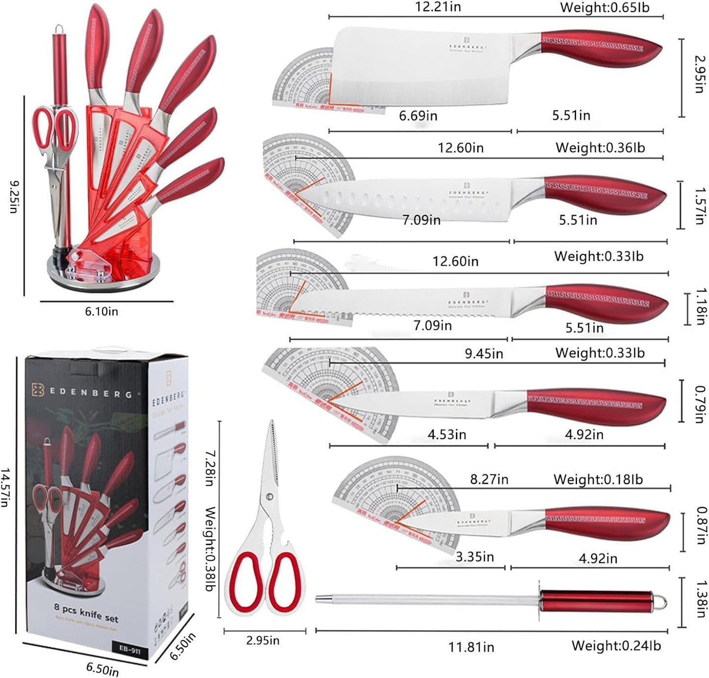 8-Pieces Kitchen Knife Set,Sharp Knife Sets with Sharpener and 360° Rotating Block,Non-stick Stainless Steel Knife set for Kitchen,Anti-Rust Dishwasher Safe kitchen sets (Red)