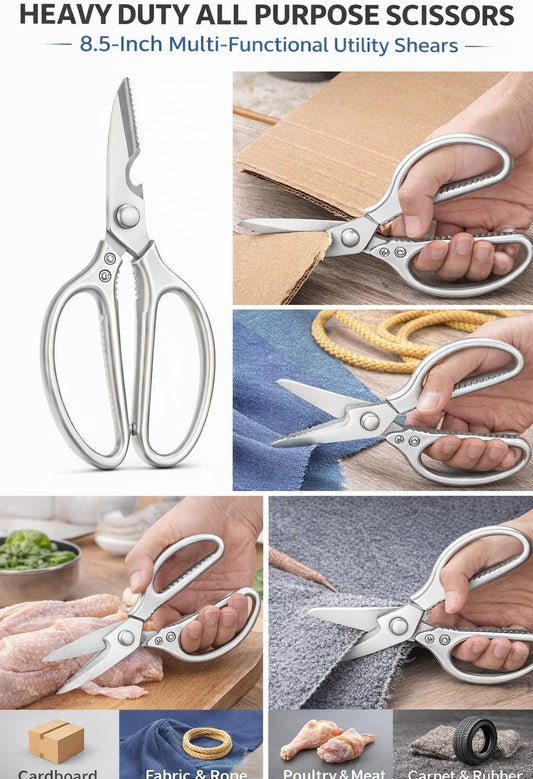 Heavy Duty Multipurpose Stainless Steel Scissors, Perfect for Utility, Kitchen Shears, Poultry Shears - Silver