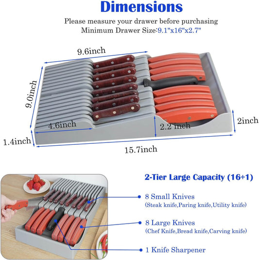 Drawer Knife Organizer, Kitchen Plastic Drawer Knife Block Holder Storage Sets for 16 Knives and 1 Sharpening Steel Extra Large Steak Chefs Knives Holder