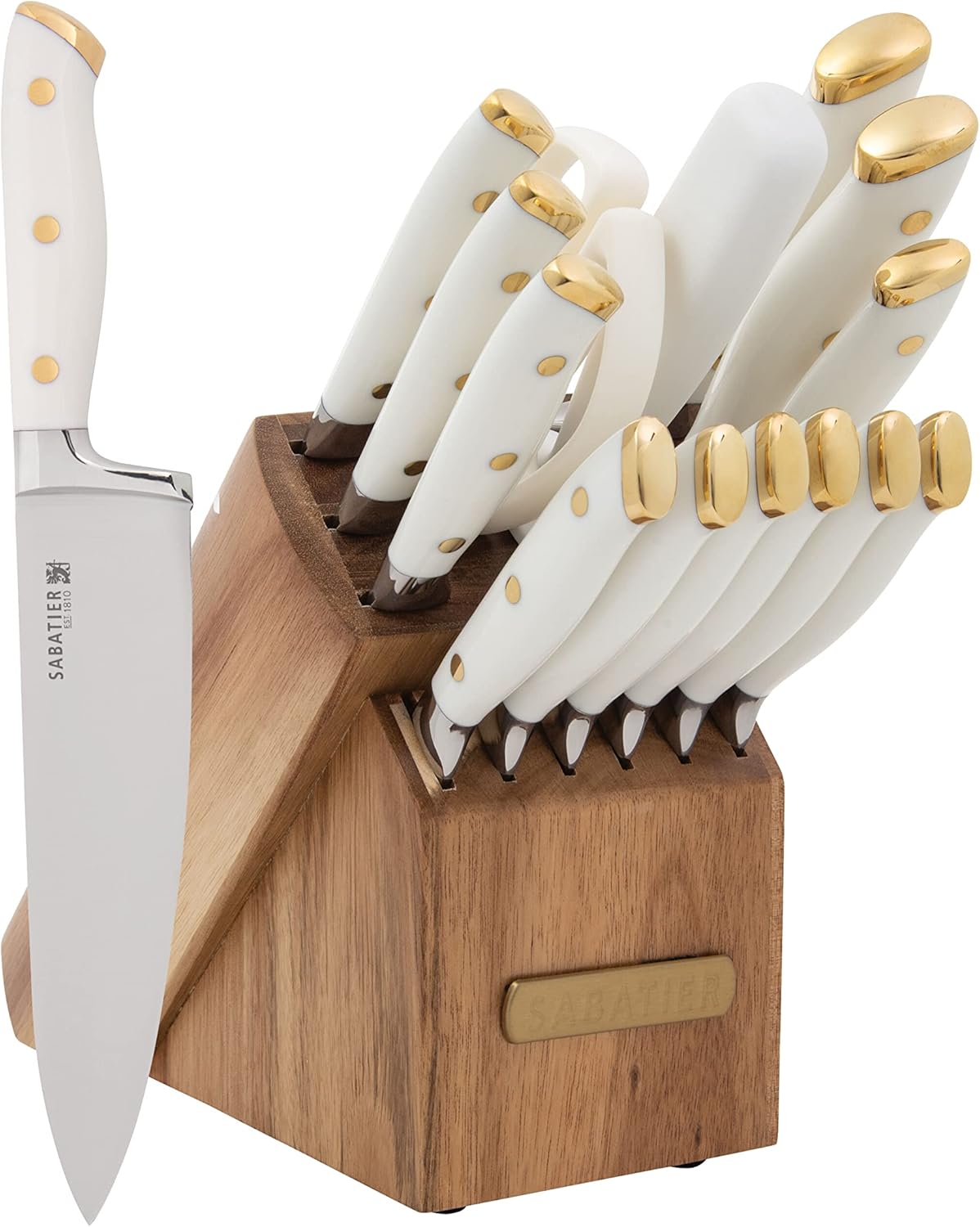 Sabatier 15-Piece Forged Triple Rivet Knife Block Set, High-Carbon Stainless Steel Kitchen Knives, Razor-Sharp Knife set with Acacia Wood Block, White Handles