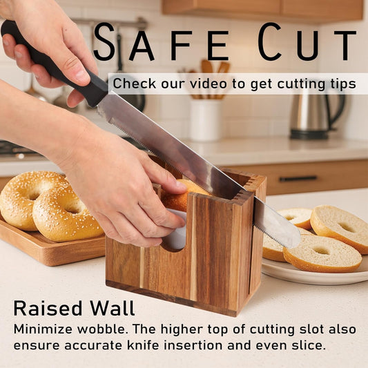 Large Adjustable Bagel Slicer Holder (Upgraded) – Acacia Wood Bread Cutter for different sizes Bagels, Buns, English Muffins – Non-Slip Base, Easy Storage (Large)