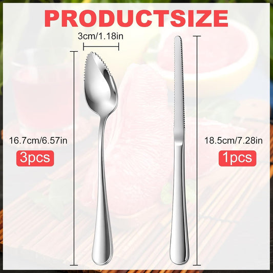 4 Pcs Stainless Steel Grapefruit Knife and Spoons Set - Serrated Edge Fruit Spoons & Curved Blade Knife - Professional Citrus Peeler & Corer Utensils for Kiwi, Apple, Lemon, Melon & Pitaya
