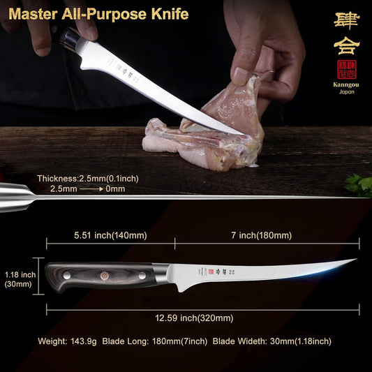 kanngou 7 Inch Fillet Knife for Fish, Japan AUS-8 Alloy Steel Boning Knife for Meat with Full-Tang Pakkawood Handle, Kitchen Knives with Premium Gift Box (Classic Series)
