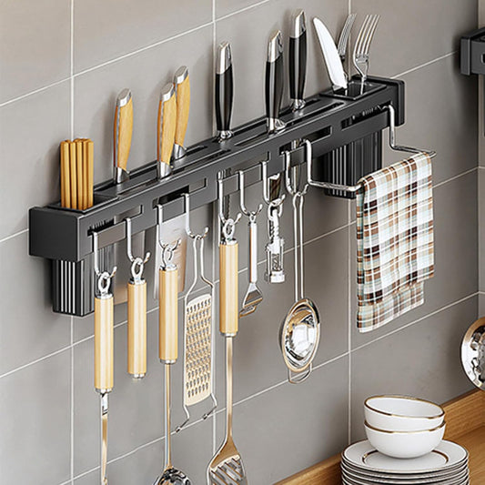 Kitchen Organizer Rack Wall Mounted, 2024 New No Punch Wall Mounted Knife Rack Organizer, Kitchen Knife Storage Holder with 9-Hooks for Hanging Spoon Dish Towel, Black