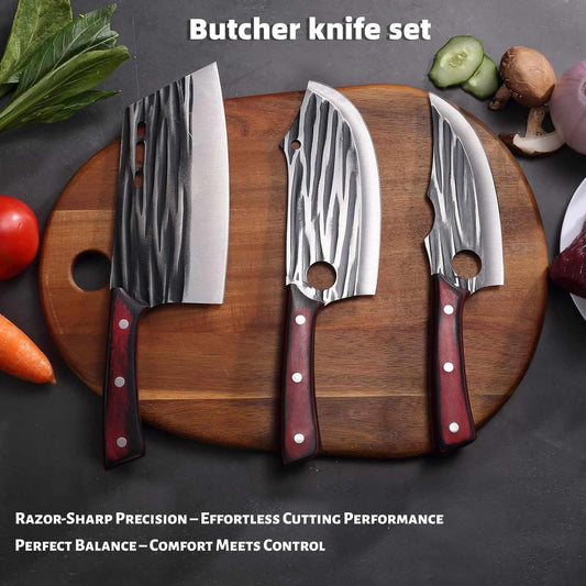 Butcher Knife Set with Bag,Meat Cleaver Full Tang Serbian Chef Knife High Carbon Steel for Meat Cutting Processing,Hand Forged Viking Carving Outdoor BBQ Camping Knife (3)