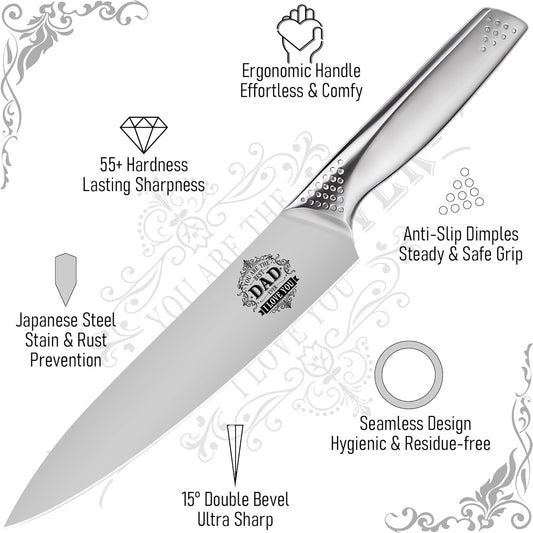 Fathers Day Dad Gifts from Son Daughter - Best Dad Ever Engraved 8 inch Chef Knife Present for Dad Birthday Father Day Kitchen Gadgets