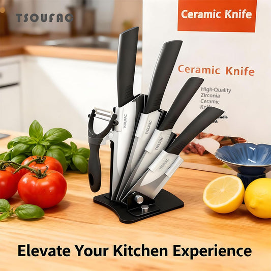 Ceramic knife Set with Block and Fruit Bowl, knives set for kitchen, knife set with block/covers, Ceramic High-foot Deep Fruit Bowl, cuisine knife set, Round Bowl for Salad - Ideal for Kitchen, Gifts