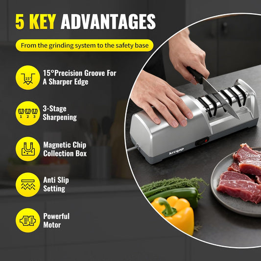 Electric Knife Sharpener for Kitchen Knives, Professional 3-Stages with 100% Diamond Abrasive, 15-Degree EdgeSelect Angle & Fast Sharpening, Repair, Restore, Polish