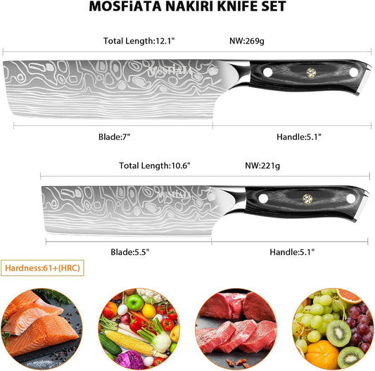 MOSFiATA Nakiri Kitchen Knife, 7”&5.5" Chef Knife Set, Ultra Sharp German Stainless Steel Cleaver Cooking Knife with Ergonomic Handle Gift Box
