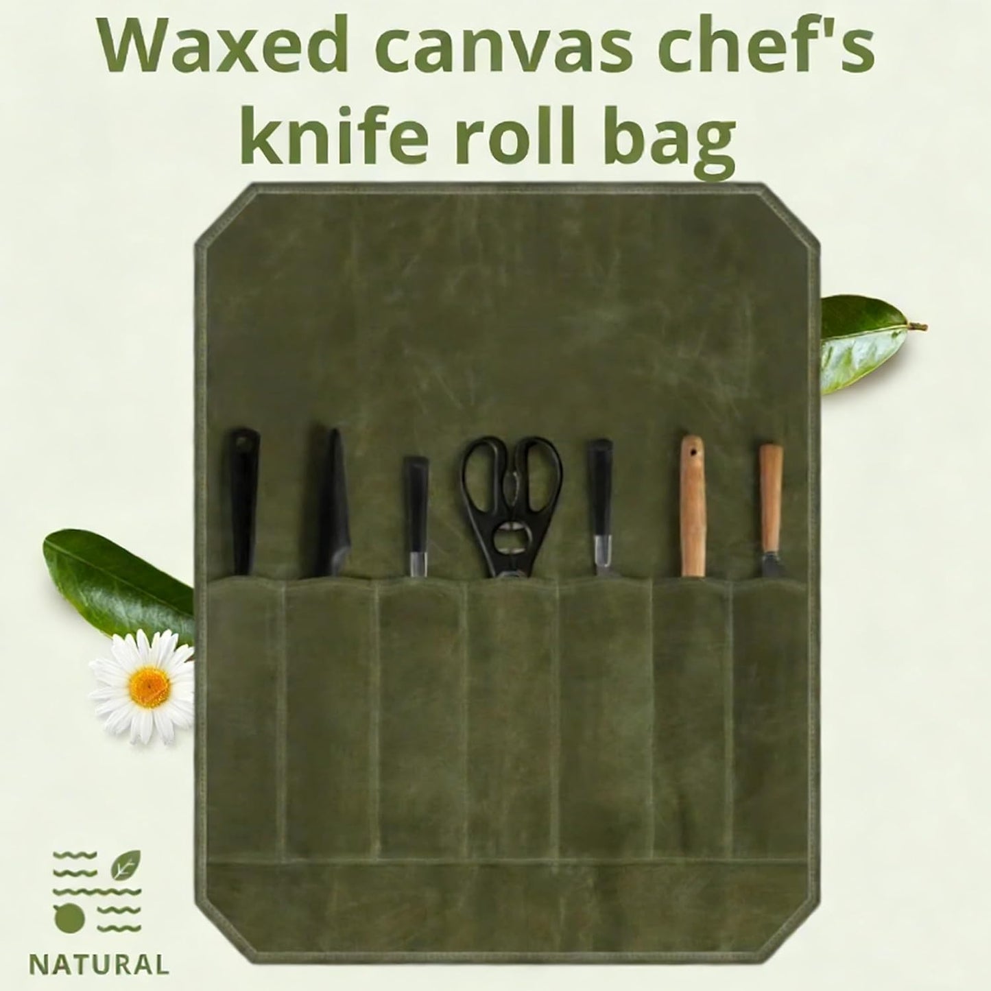 Waxed Canvas Chef Knife Roll Bag | Multi-Slot Protector Professional Organization for Kitchen Tools & Cutlery - Secure Blade Holder Travel Pouch & Multi-Purpose Storage Case