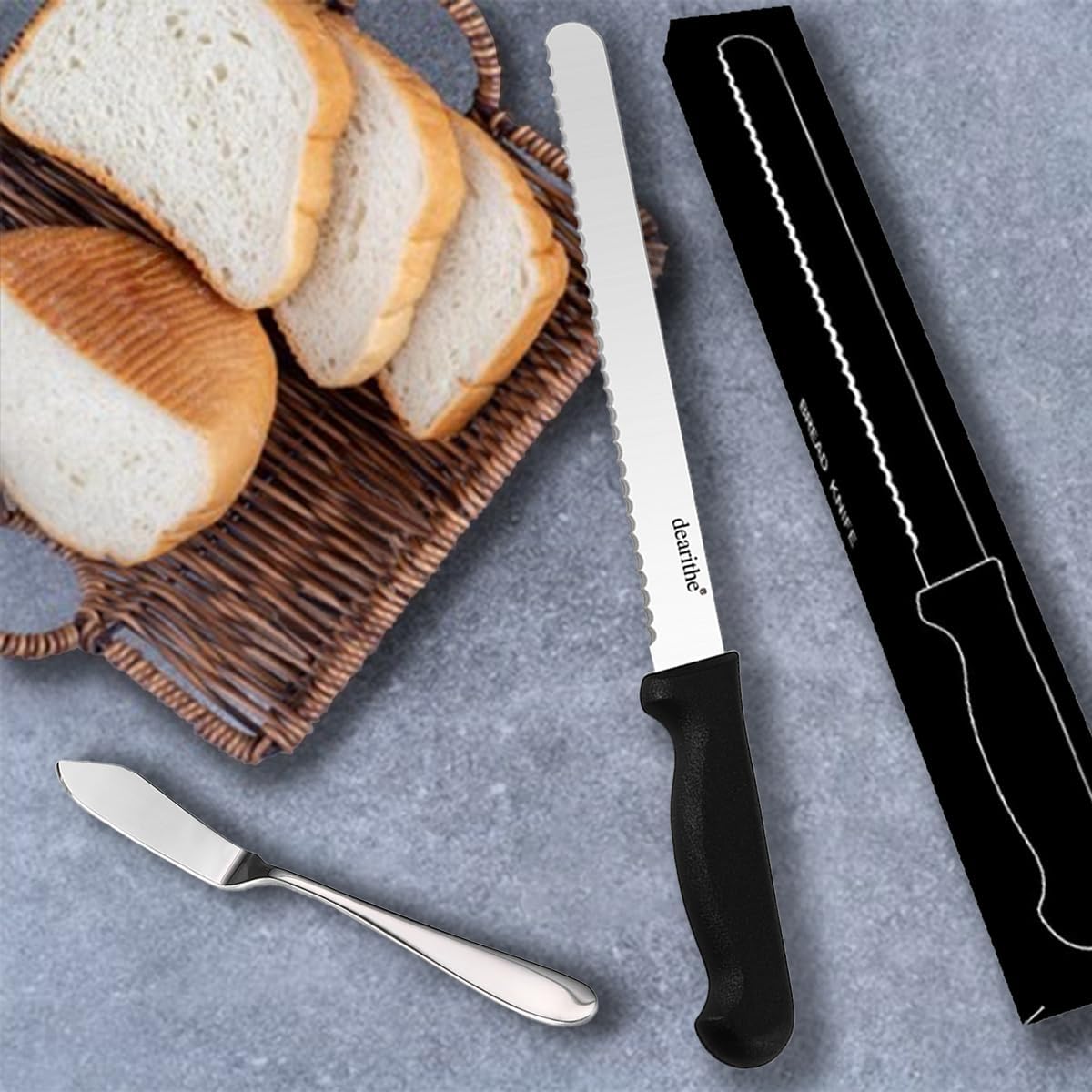 bread knife With Sheath 10 Inch, Black Stainless Steel Sharp Wavy Edge Wide Bread Cutter, For Slicing Homemade Bread, Bagels, Cake,Dishwasher Safe