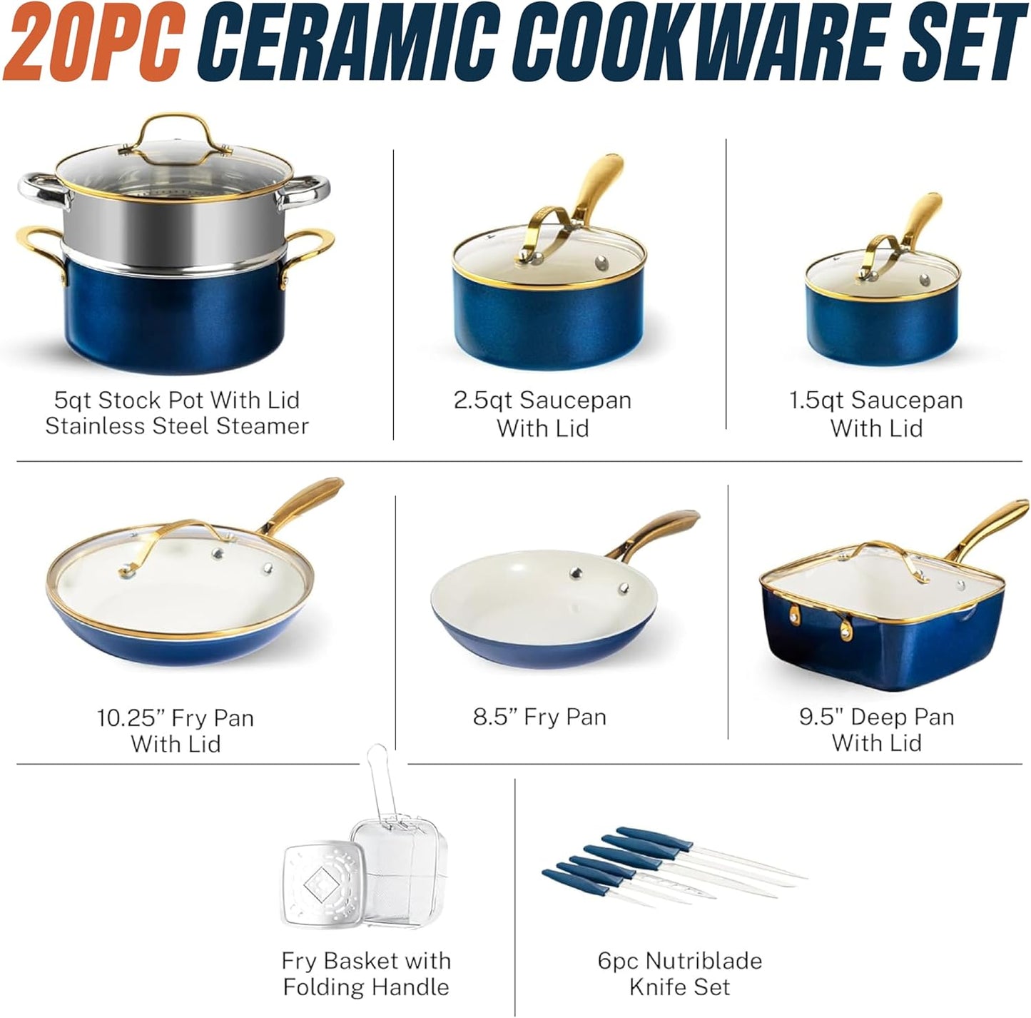 Gotham Steel 20pcs Pots and Pans Set Non Stick Ceramic Cookware Set with Deep Frying Pan Set & 6pc Knife Set, Improved Ti-Cerama Coating Made without PFOA PFOS Lasts 2x Longer, Oven & Dishwasher Safe