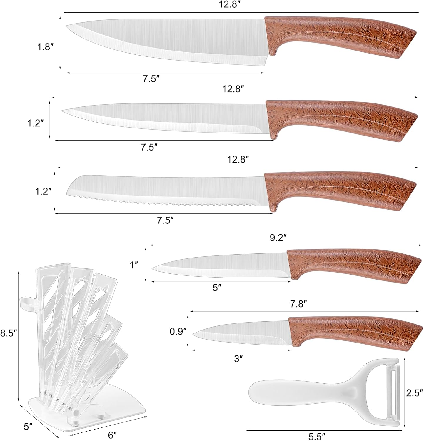 Professional 6-Piece Kitchen Knife Set with Acrylic Block - Knives Set for Kitchen, Universal Knife Block, Utility Knife Block Set, New Home Essentials, Apartment Essentials, Dishwasher Safe