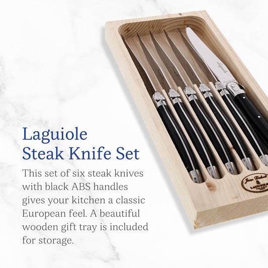 Jean Dubost Laguiole 6-Piece Steak Knife Set, Paris Colors Handles - 1.2 mm Blades - Rust-Resistant Stainless Steel - Includes Wooden Tray - Made in France