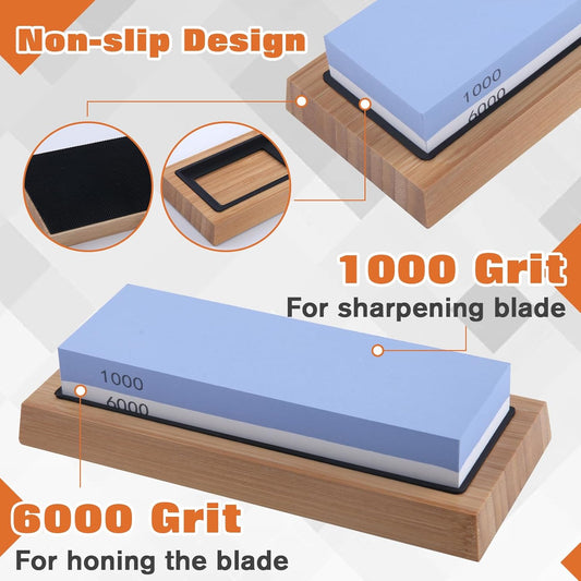 Whetstone Knife Sharpening Stone Kit 1000/6000 Grit Double Sided Kitchen Whetstone Knife Sharpener Wet Stones Flattening Stone with Non-Slip Silicon Bases, Bamboo Bases and Angle Guide