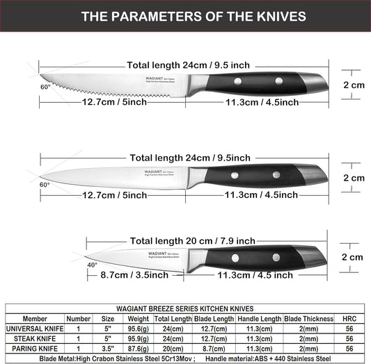 3-Piece Kitchen Knife Set,Fruit Knife Set,Precision Forged High-Carbon Stainless Steel, Black Ergonomic Handle, 3.5" & 5" Straight & Serrated Edge